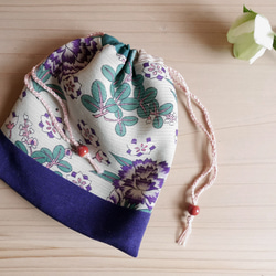 ミントグリーンに紫のぼたんの絽の巾着-着物地（古布）から 1枚目の画像