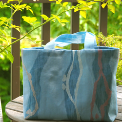 【再販】軽～い！ブルーの夏帯バッグ・選べる片身代わり【受注制作】-帯地（古布）から 1枚目の画像
