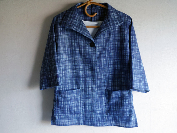 藍色格子のはおりジャケット 七分袖【受注制作】-浴衣（古布）から 2枚目の画像