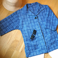 藍色格子のはおりジャケット 七分袖【受注制作】-浴衣（古布）から 3枚目の画像