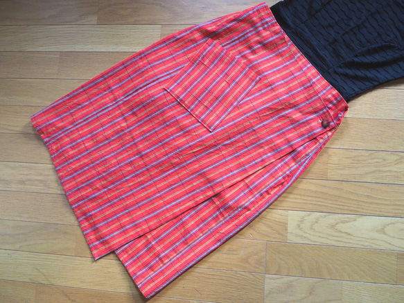 ビビッドな格子のラップスカート【受注制作】-綿着物（古布）から 3枚目の画像