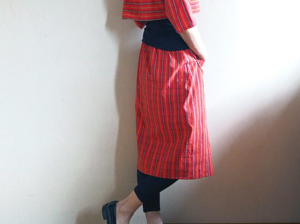 ビビッドな格子のラップスカート【受注制作】-綿着物（古布）から 5枚目の画像