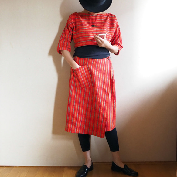 ビビッドな格子のラップスカート【受注制作】-綿着物（古布）から 6枚目の画像