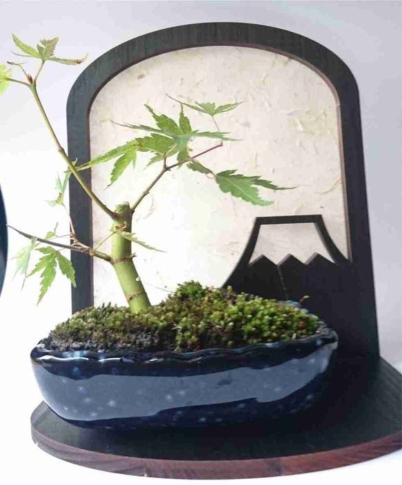 豆盆栽用】木製和柄屏風 富士山柄 一輪挿し・花瓶・花器 にし