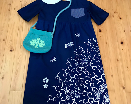 風呂敷リメイク シンプルなワンピース フリーサイズM〜L 唐草