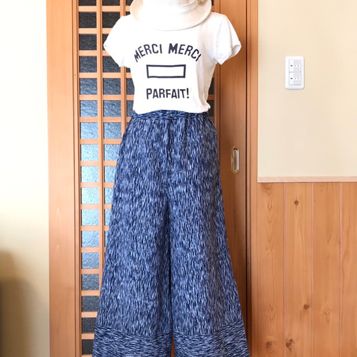 浴衣リメイクのストレートパンツ 男浴衣 同柄裾切り替え