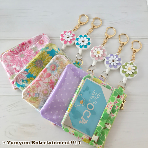 10cmファスナーのリールキーホルダー付きパスケース(YUWAシャモニー花 