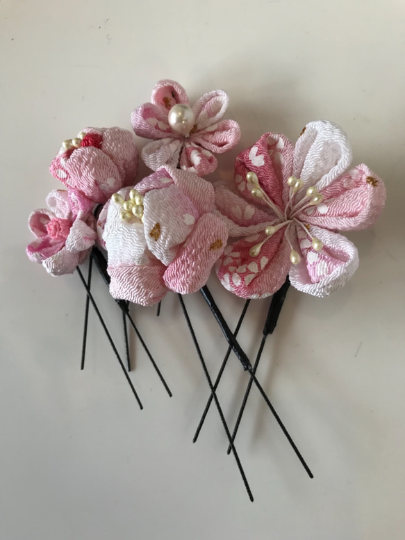 つまみ細工 ピンクの髪飾り 5点セット つまみ 細工 桜 髪 飾り