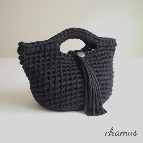 大きめマルシェバッグ （ブラック）☆maccaroni yarn 使用 トート 