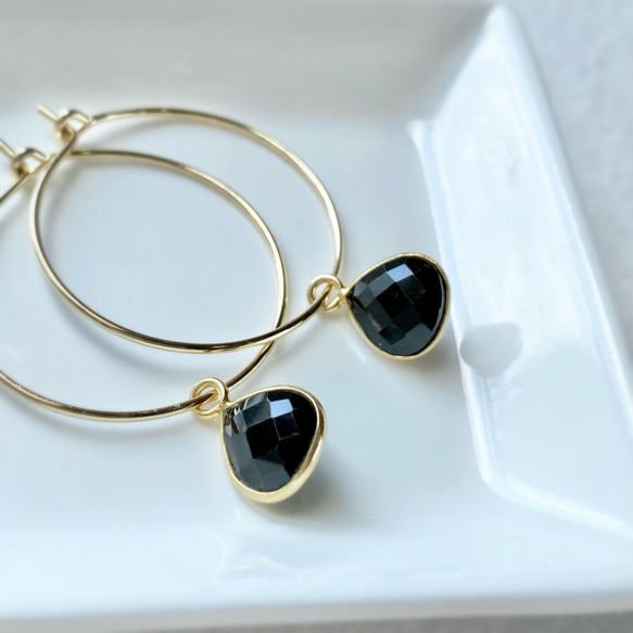 14kgf宝石質ブラックスピネルのフープピアス/2way/8月の誕生石 ピアス  