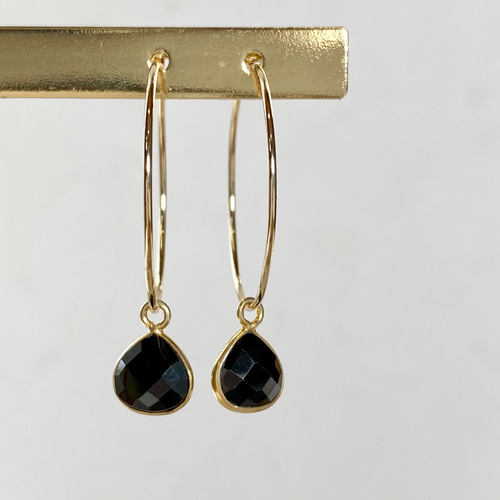 14kgf宝石質ブラックスピネルのフープピアス/2way/8月の誕生石 ピアス  