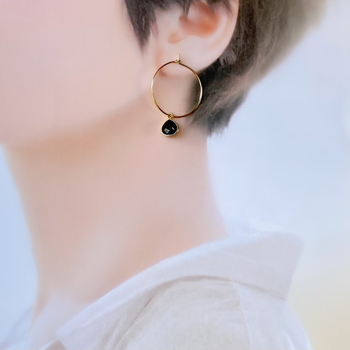 14kgf宝石質ブラックスピネルのフープピアス/2way/8月の誕生石 ピアス  