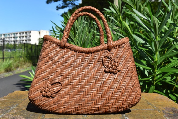 山葡萄籠バッグ 六角花束嵌入 乱れ編み 手提げ 内布 六角花結び編み