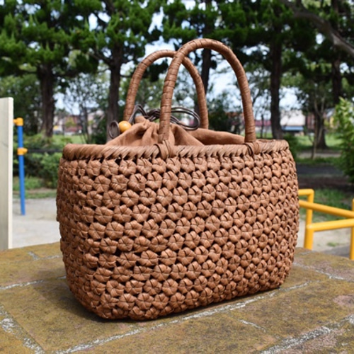 大特価3】山葡萄かごバッグ 手作り 六角花束嵌入 乱れ編み 籠 内布付き