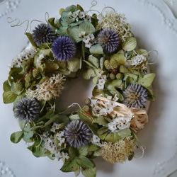 瑠璃玉アザミのtenori wreath (プリザーブドフラワー　ドライフラワー　グリーン　アンティーク) 4枚目の画像