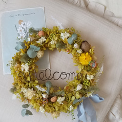 グリーンロゼカラーのwelcome wreath(プリザーブドフラワー ドライフラワー グリーン ギフト リース ) 1枚目の画像