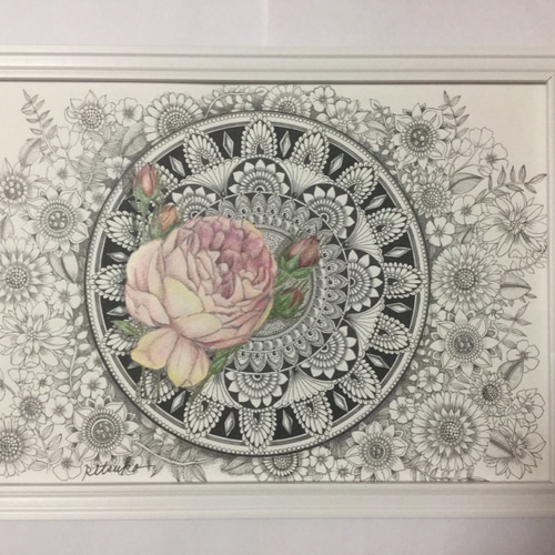 ボールペンアート 薔薇 バラ 花 額装付き 23×31.5cm 複製画 絵画