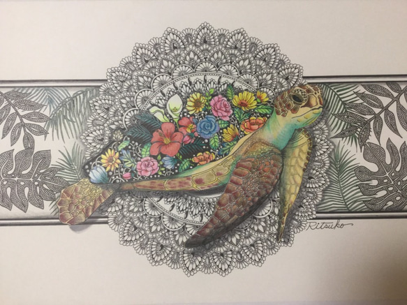 原画 肉筆 百貨店出展 絵画 絵 アート 海亀 海亀の絵 亀 カメ