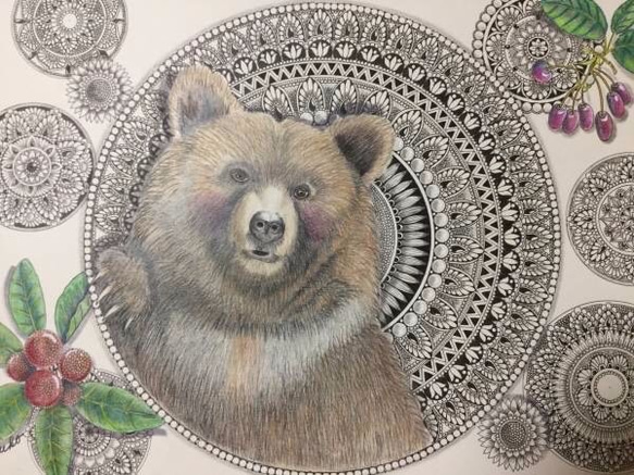 原画 肉筆 一点もの ボールペンアート 熊 「みんなの力」 額装