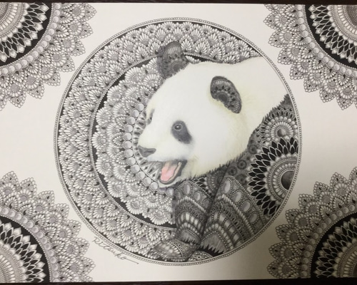 肉筆水墨画 花鳥画 細筆画「パンダ·熊猫」美術品 絵画 インテリア 額