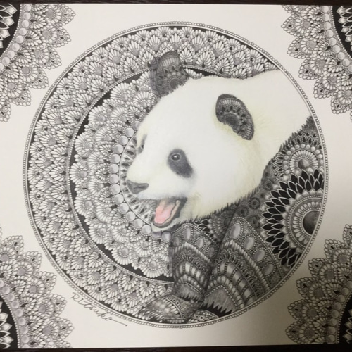 ♡*♡様 絵画原画　（幸せをつかむ手）パンダの肉球と妖精　キラキラストーン 原画 肉筆 一点もの ボールペンアート パンダ パンダの絵 熊猫 額装