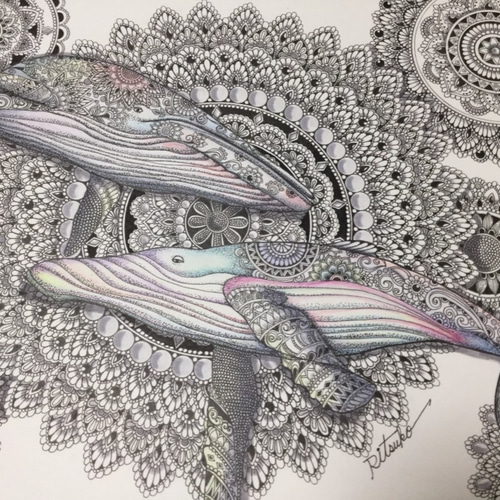 原画 肉筆 一点もの ボールペンアート 鯨 くじら ザトウクジラ