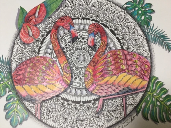 原画 肉筆 一点もの ボールペンアート フラミンゴ flamingo 額装