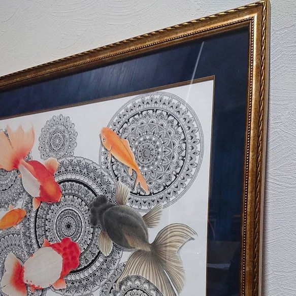 必見 最新作 原画 肉筆 一点もの ボールペンアート 額装付き 百貨店作家 人気 ボールペン画 絵画 金魚 金魚の絵 2枚目の画像