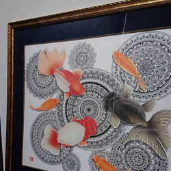 必見 最新作 原画 肉筆 一点もの ボールペンアート 額装付き 百貨店作家 人気 ボールペン画 絵画 金魚 金魚の絵 3枚目の画像