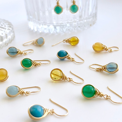 14kgf☆ライトブルーアパタイト6mm☆ワイヤーラップ一粒ピアス