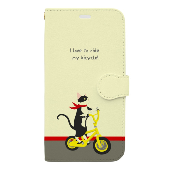手帳型iPhoneケース　自転車に乗る猫 1枚目の画像