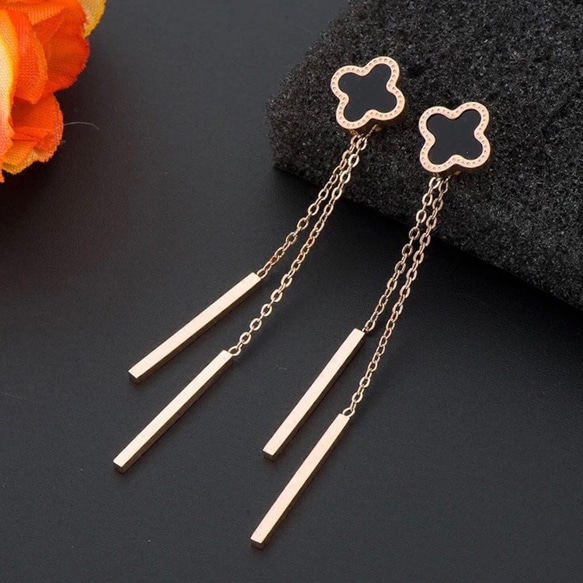 クローバーピアス ダブル棒ドロップピアス アレルギー対応 ステンレス