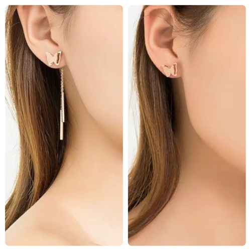 2way 18KGPピンクゴールド 蝶々ダブル棒ドロップピアス ピアス