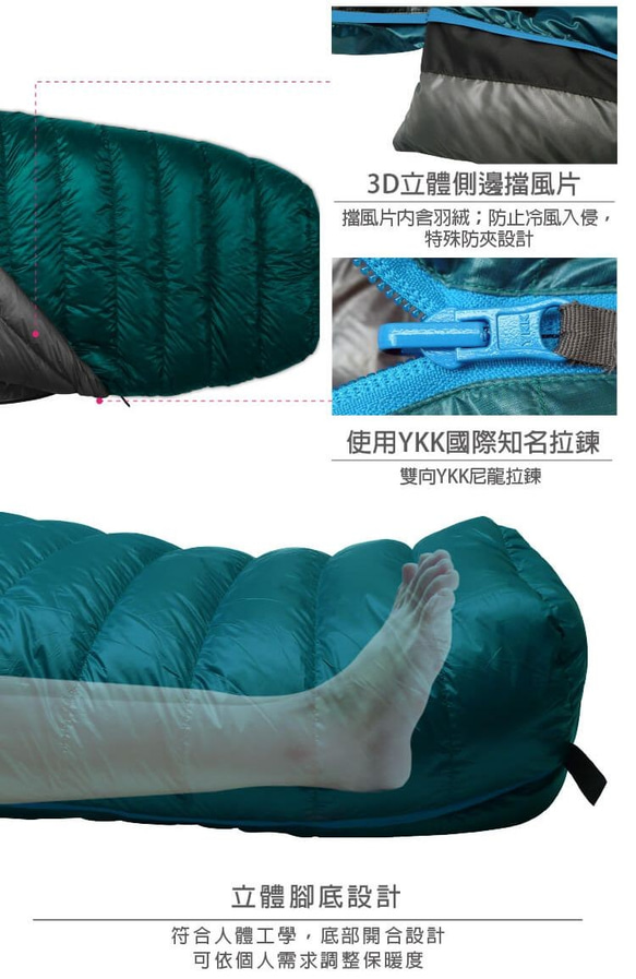 【Outdoorbase】SnowMonster頂級羽絨保暖睡袋(孔雀綠)-24660 第5張的照片