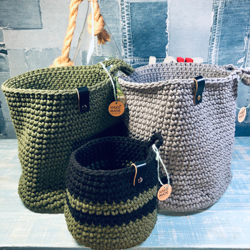 クシュっと可愛い ロープバスケット オリーブ フリーボックス・小物