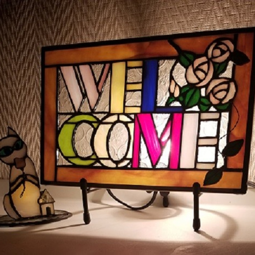 ハンドメイドのステンドグラス　ウエルカムボード青 ハンドメイドのステンドグラス ウエルカムボード ステンドグラス