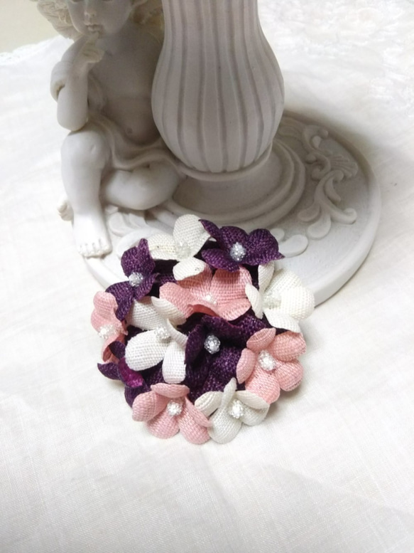 麻布花　かわいい花コサージュ　　桜色　きなり 紫 3枚目の画像