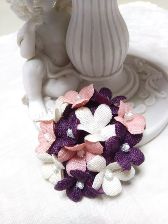 麻布花　かわいい花コサージュ　　桜色　きなり 紫 4枚目の画像