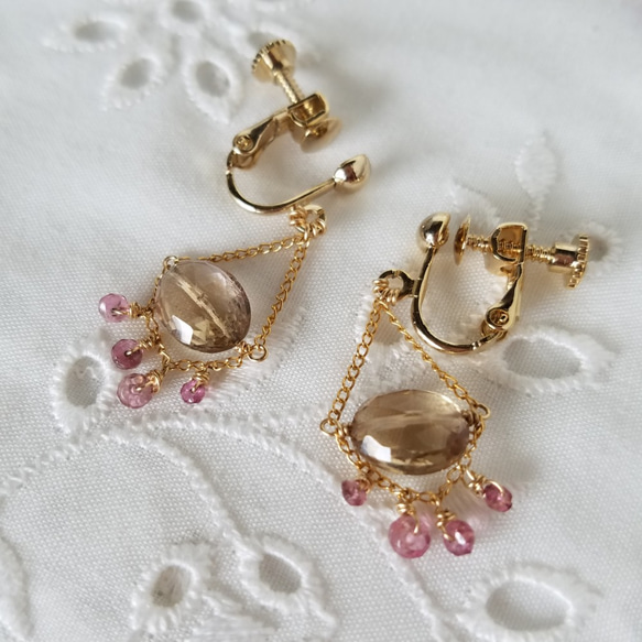香檳石英和粉紅碧璽耳環“耳環夾” 第2張的照片