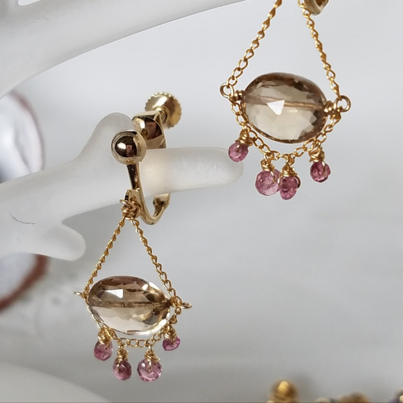 香檳石英和粉紅碧璽耳環“耳環” 第3張的照片