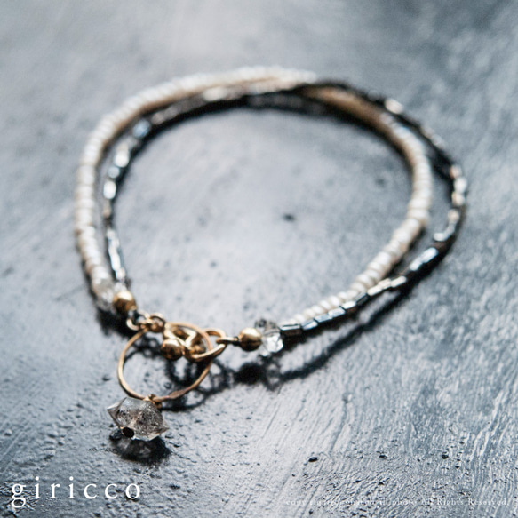 法國老式黑珠＆淡水珠和晶×環的簡單優雅兩個連續的手鐲（TJ10934） 第2張的照片