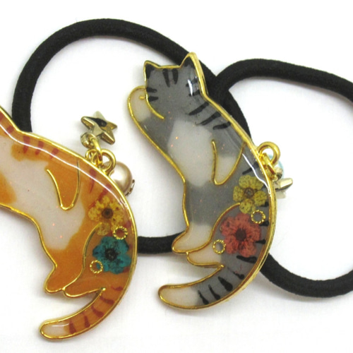 新作☆レジンヘアゴム　猫♡お昼寝 ごろ寝にゃんこ お昼寝猫のヘアゴム レジン 2点セット