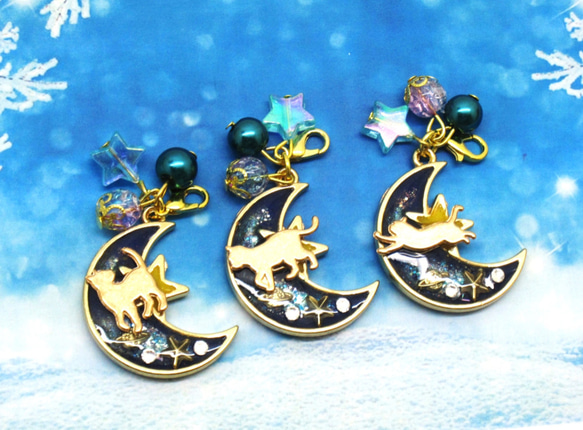 【mooncho様】840.天然石　スーパーセブン　じゃれ猫　レジン　チャーム ◇誕生石対応◇Twinkle Cat 「ネコが運ぶ幸せハート