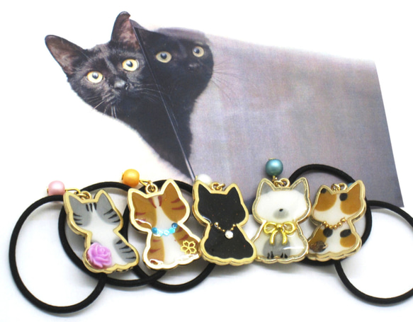 おすわり猫さんのヘアゴムセット（5本組）ねこのヘアゴム レジンのヘアゴム セット販売 1枚目の画像