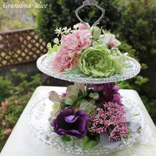 アフタヌーンティー＊二段ケーキスタンドアレンジ＊ アートフラワー