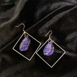 乾燥花 紫 耳夾  金框 菱形 垂墜耳環 第2張的照片