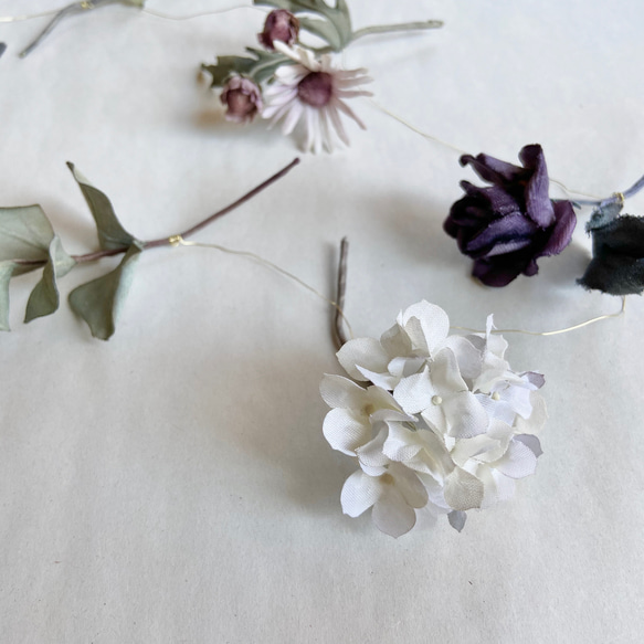 染め花　紫陽花ブローチとガーランド　完成品 1枚目の画像