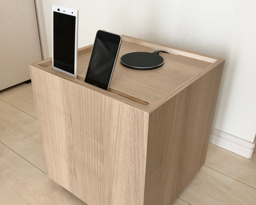 え*ん様 ホワイトオーク材 蓋付き収納テーブル W91.2cm 充電ステーション ケーブルボックス ルーター モデム 収納