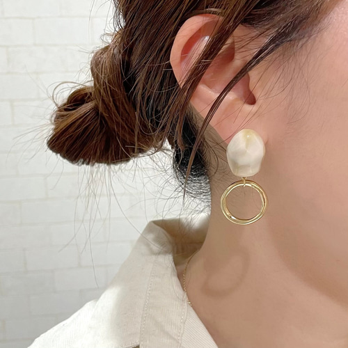 大ぶり ピアス 凸凹 オーバル カボション × シンプル リング ピアス