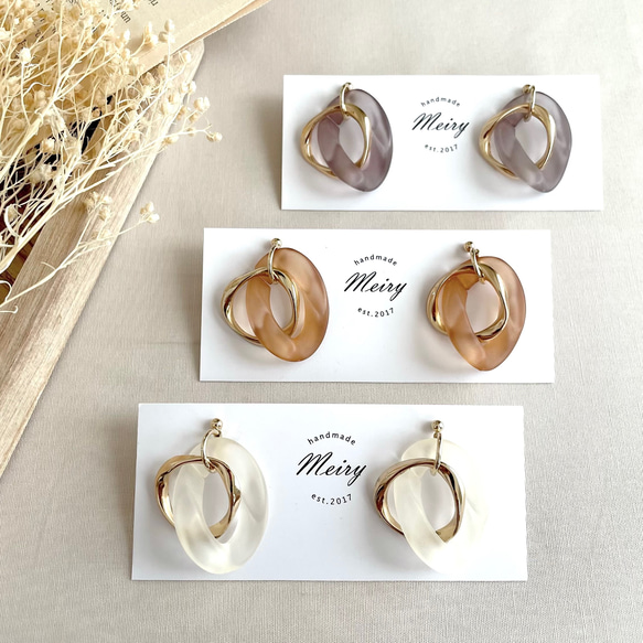 マットな質感 大人くすみカラー チェーンパーツ×ゴールドリングピアス  